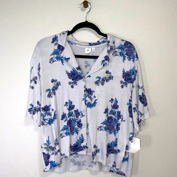 bp Tops - BP Floral Oversize Button-up Shirt Blue Purple Short Sleeve NWT Size Small